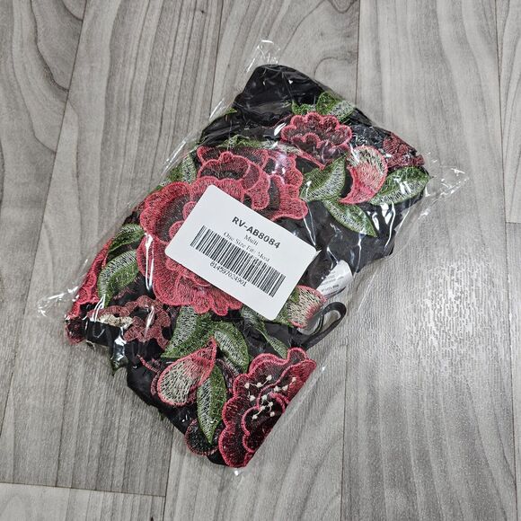 Elastic Strappy Harness Cupless Cage Bra Set, Black with Flowers, One Size - Picture 3 of 3